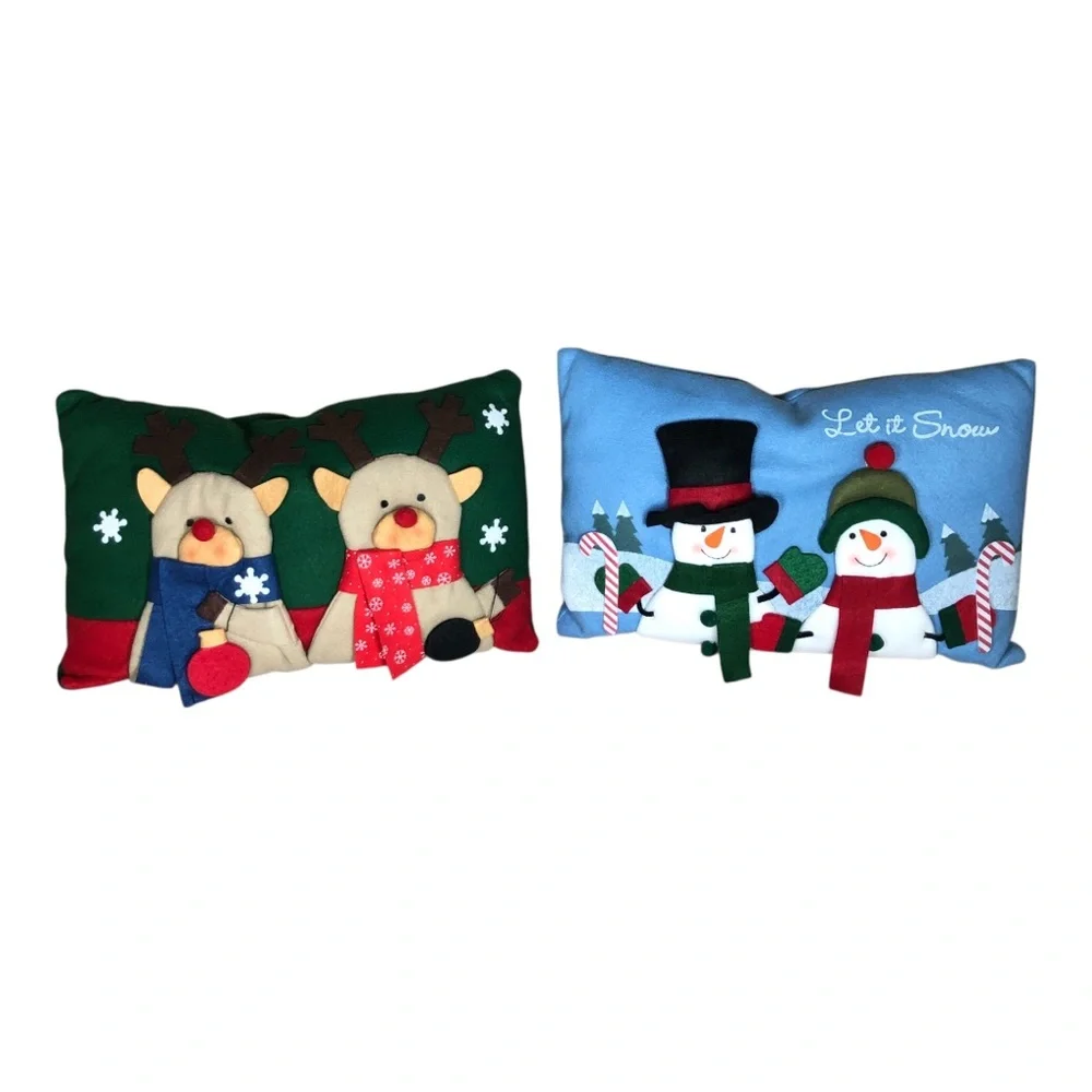 2 Hand Made 3D Felt Multicolor Christmas Holliday Snow Men Reindeers Pillows‎